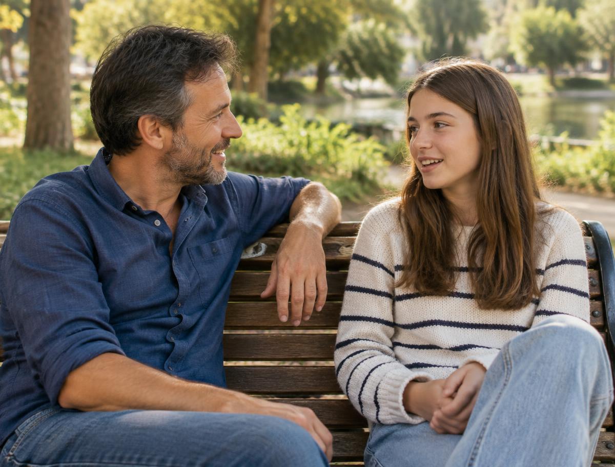 Padre conversando con su hija adolescente en un banco del parque