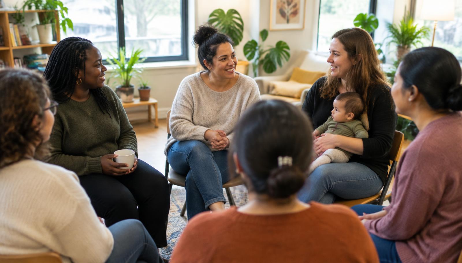 Imagen ilustrativa: grupo de madres y cuidadores conversando en un encuentro